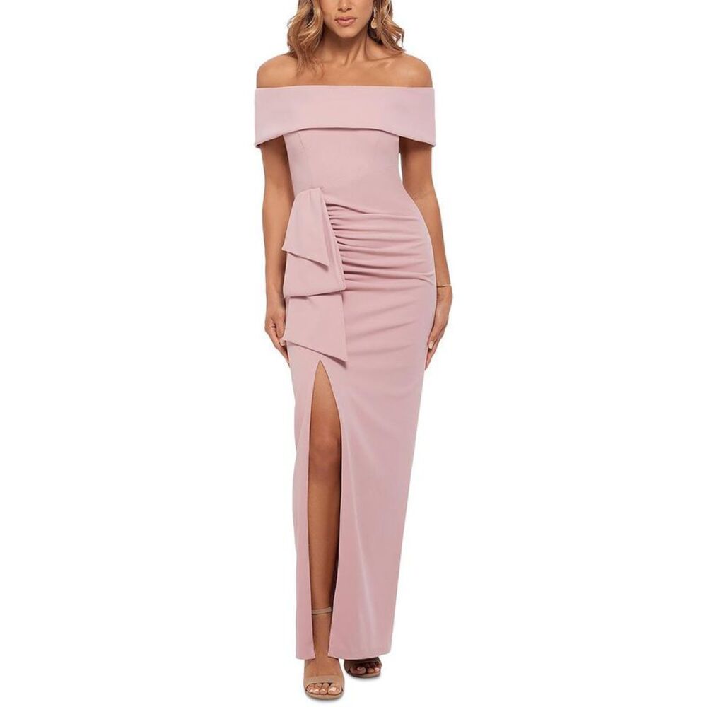 Xscape Womens Pink Off-The-Shoulder Formal Evening Dress Gown.